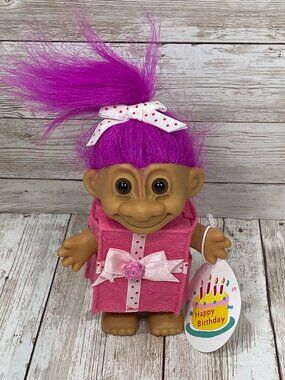Vintage HAPPY BIRTHDAY Gift 5" Russ Troll Doll Purple Hair Pink Gift RARE 18588